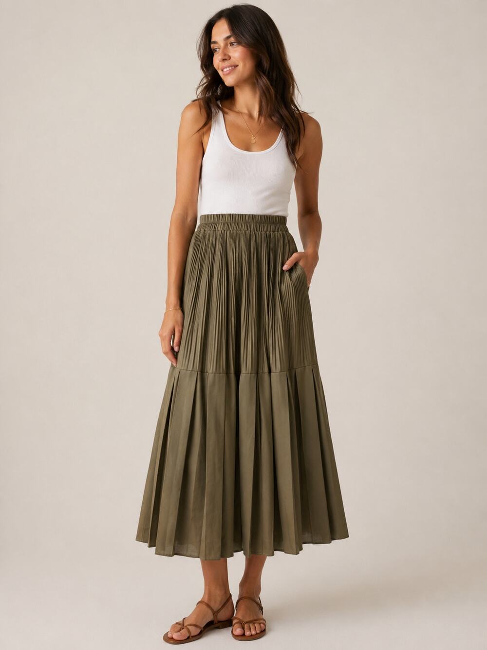 Olive Brown Pleated Midi Skirt Women's XS/S Elastic Waist Flowy  Boho Minimalist